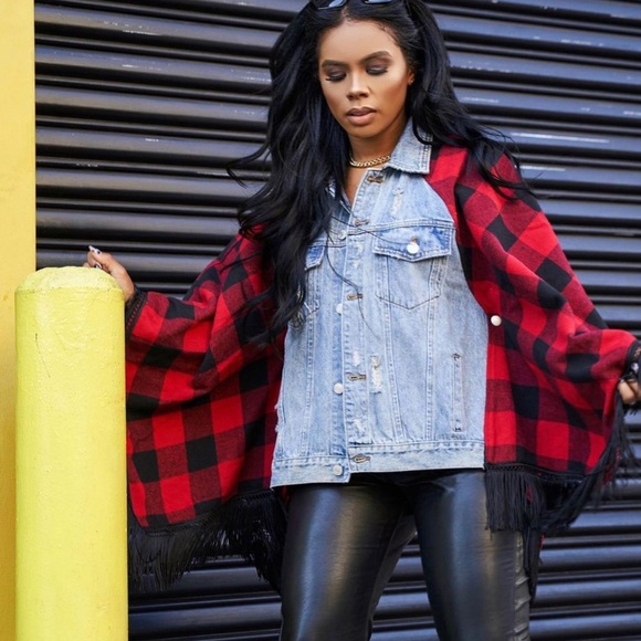 Veda Jackets & Blazers - Plaid jean poncho jacket